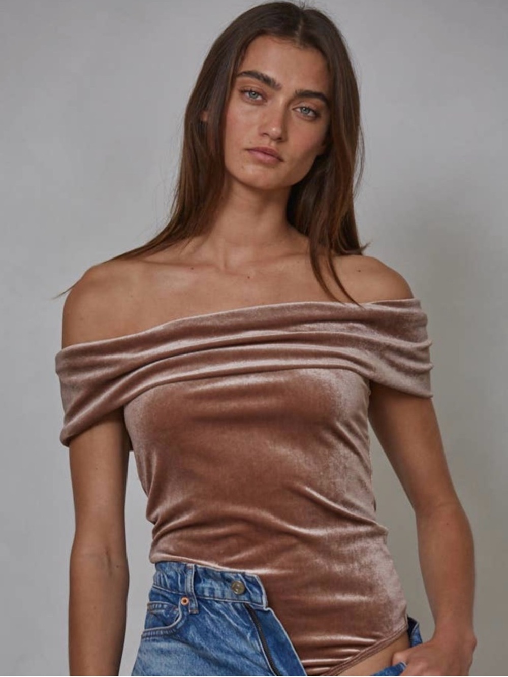 By Together Velvet Off-Shoulder Bodysuit in Mauve